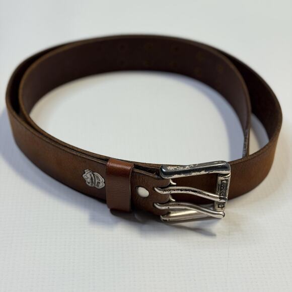 Lucky Brand Dungarees Belt Mens Brown Leather Double Prong Solid Brass Buckle - Picture 1 of 7